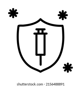 Vaccination flat line icon. Vaccine, syringe, inject, shield . Outline sign mascara for mobile concept and web design, store.