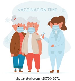 Vaccination flat old men. The physician gives coronavirus vaccination to the elderly, a conceptual illustration for healthy immunity. Coronavirus vaccination of an adult. Flat illustration, isolated o