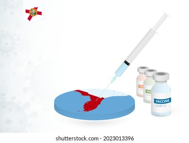 Vaccination in Florida with different type of COVID-19 vaccine. Сoncept with the vaccine injection in the map of Florida. Vector illustration.