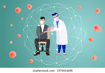 Vaccination Flu Shot Concept, Male Doctor With Medical Protective Suit, Glove, Mask Inject Syringe In Patient Arm, Covid-19 Prevention With Man Having Vaccine, Vector Illustration