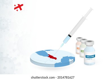 Vacunación en Georgia con diferentes tipos de vacuna COVID-19. С con la inyección de la vacuna en el mapa de Georgia. Ilustración vectorial.