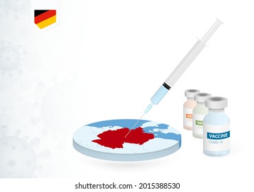 Impfung in Deutschland mit verschiedenen Typen von COVID-19-Impfstoffen. С mit der Impfstoffinjektion in der deutschen Karte. Vektorgrafik.