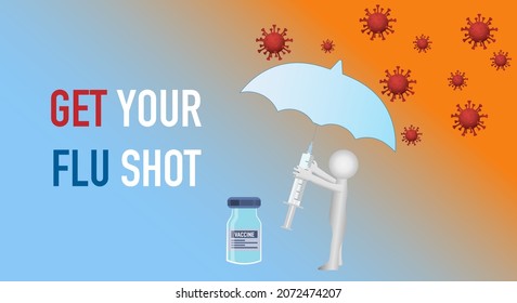 Vacunación. Recibe tu vacuna contra la gripe. Afiche médico. Atención de la salud. Ilustración de la medicina vectorial. Médico bajo un paraguas, con una jeringa y una ampolla con una vacuna. Ilustración del vector