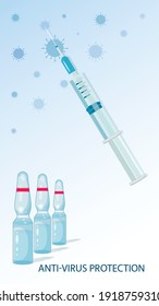 Vaccination. Glass ampoules, syringe injection. Medical vial with liquid. Coronavirus vaccine