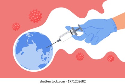 Vaccination, global world medicine protection from coronavirus concept vector illustration. Cartoon doctor hand in medical glove holding vaccine injection syringe to vaccinate globe planet background