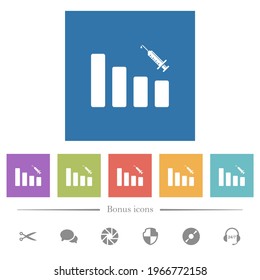 Vaccination graph flat white icons in square backgrounds. 6 bonus icons included.