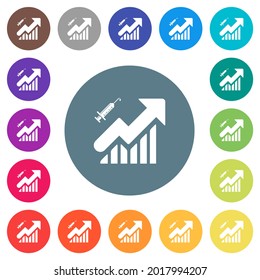 Vaccination graph flat white icons on round color backgrounds. 17 background color variations are included.