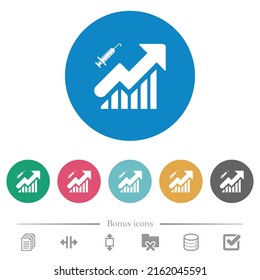 Vaccination graph flat white icons on round color backgrounds. 6 bonus icons included.