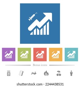 Vaccination graph flat white icons in square backgrounds. 6 bonus icons included.