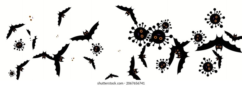 Vaccination Grey Fear Scary Black Backdrop. Spooky Dracula Purple Cartoon Vampire Illustration. Horror Creepy Funny Virus White Faces Halloween Illustration. Gothic Corona Covid Party Mysterious Bats.