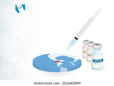 Impfung in Guatemala mit verschiedenen Arten von COVID-19-Impfstoffen. С mit der Impfung in der Karte von Guatemala beginnen. Vektorgrafik.