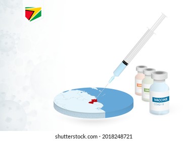Vacunación en Guyana con diferentes tipos de vacuna COVID-19. С concepto con la inyección de la vacuna en el mapa de Guyana. Ilustración vectorial.