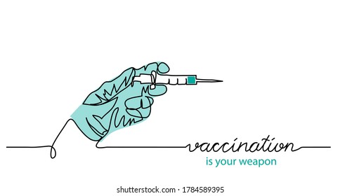 Vaccination health concept. Simple vector web banner, illustration, background with syringe and hand in medical glove. One continuous line drawing with lettering vaccination.