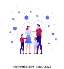 Vaccination healthcare concept. Vector flat people illustration. Parents with child protected from virus isolated on white. Design element for medicine banner, poster, background, web, infographic.