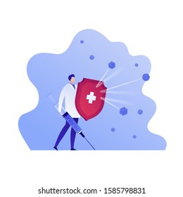 Vaccination healthcare concept. Vector flat people illustration. Hero doctor with red shield, vaccine syringe, and white cross. Design element for medicine banner, poster, background, web, infographic