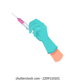 Vaccination and healthcare, isolated hand of doctor wearing sterile gloves holding syringe. Injection for immunity boost. Vector in flat cartoon style