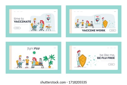Vaccination Healthcare Landing Page Template Set. Doctor Character Put Vaccine Injection to Kid. Children Get Medicine Shot from Disease, Illness Prevention, People Checkup. Linear Vector Illustration