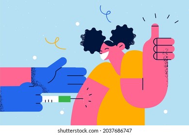 Vaccination, Healthcare and medicine concept. Young smiling woman cartoon character sitting getting vaccination from covid-19 from doctors hands in blue medical gloves vector illustration 