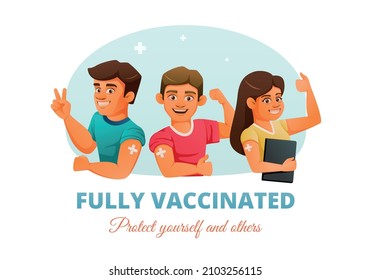 Vaccination herd immunity cartoon poster with cheerful protected vaccinated people and text vector illustration