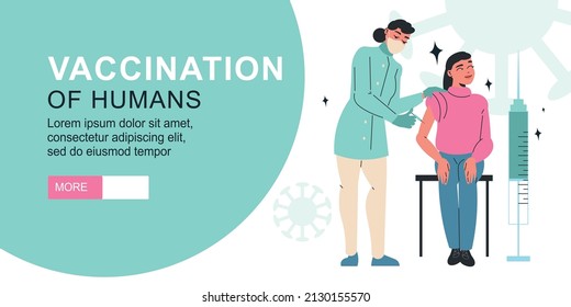 Vaccination horizontal banner with editable text more button and images of syringe and virus with people vector illustration
