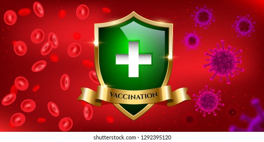 Vaccination horizontal design template. Viruses and blood separated by green glass shield with golden frame and ribbon with Vaccination word. Vector illustration