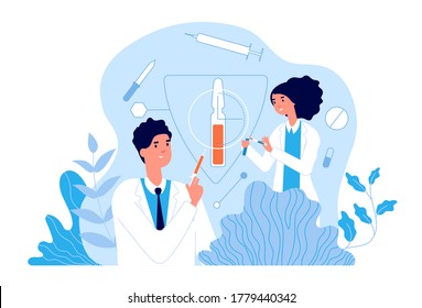 Vaccination. Hospital team using vaccines. Clinic health, doctors create innovative flu treatment. Healthcare and immunology vector concept