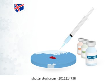 Vaccination in Iceland with different type of COVID-19 vaccine. Сoncept with the vaccine injection in the map of Iceland. Vector illustration.