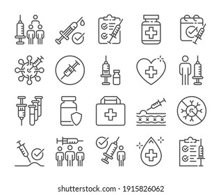 Vaccination icon. Coronavirus COVID-19 Vaccination line icons set. Vector illustration. Editable stroke.