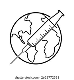 Vaccinatie icoon, Globe met spuit icoon, Beschermende inentingen.  Vector illustratie ontwerp.