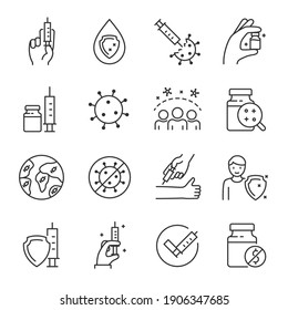 Vaccination icon set. development antiviral vaccine, immunity development. Line with editable stroke