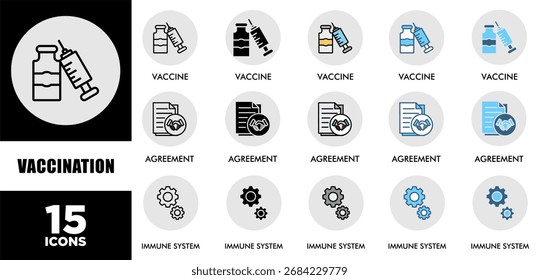 Conjunto de iconos de VACUNACIÓN con varios estilos y colores de rendimiento de sostenibilidad corporativa para el control de inversiones