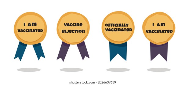 Vaccination Icon Web Set, flache Illustration für stolze Wahlkampfmedaillen. Impfspritze, Coronavirus, Herz-Vektordesign, medizinischer Impfstoff aus Covid-19-Pandemie-Bewusstsein-Konzept