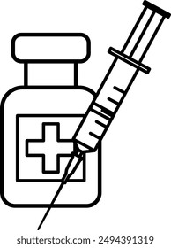 Vaccination Icons. Black and White Vector Icons. Vaccine Vial and Syringe. Vaccine Injection for Virus Treatment. Concept of Health and Medicine