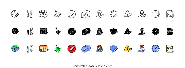Vaccination icons collection. Linear, silhouette and flat style. Vector icons