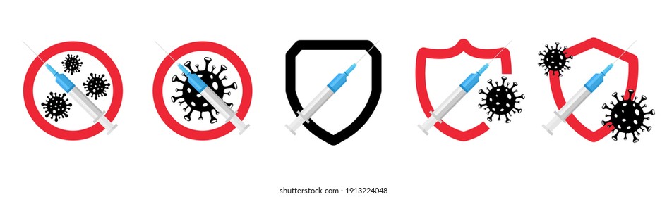 Vaccination icons. Coronavirus vaccine symbols with shield and syringe. Vector collection isolated on white