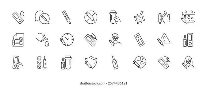 Vaccination icons set: needles, thermometers, calendar, vials, shield, globe, syringe. Vector icon