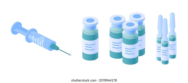 Vaccination icons. Syringe and bottles of vaccine, vector illustration in isometric view on a white background