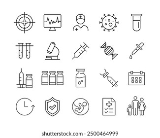Iconos de vacunación - Línea de Vector. Trazo Editable.