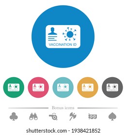 Vaccination id flat white icons on round color backgrounds. 6 bonus icons included.