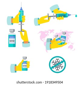 Vaccination illustration set. Doctor draws a coronavirus vaccine from a bottle into a syringe. Vaccination to protect people from the coronavirus pandemic. Global immunization.