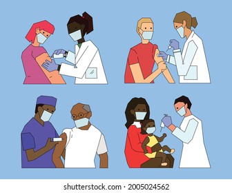 Vaccination illustration. Set of illustrations of the vaccination process. Drawing of doctors and patients.