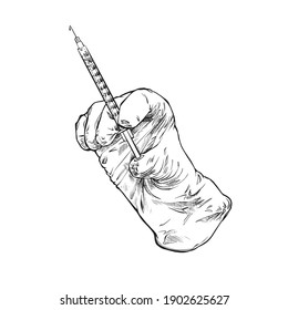 Vaccination illustrations set in sketch styles on worksheet. Vaccine vials, test tubes, medical syringes, vaccination, gloves. Hand-drawn illustration.