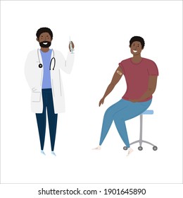 Vaccination Immunity Cartoon. Hand Drawn Black Or Latino Male Doctor With Syringe And Black, African American Or Latino Man, Patient.