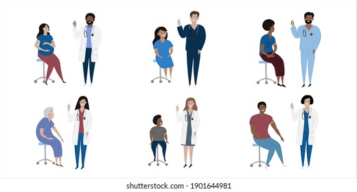 Vaccination immunity cartoon set. Hand drawn isolated diverse characters with kids and adult patient and doctors. Black, asian, caucasian doctors and patients.