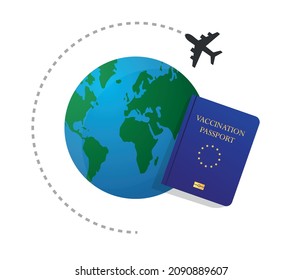 Pasaporte de vacunación e inmunidad. Mapa mundial y avión, certificado de vacunación para viajes internacionales, certificado de inmunidad.
