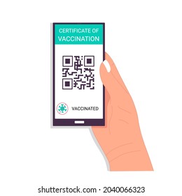 Vaccination and immunization certificate on smartphone, green tourist passport. Vector illustration