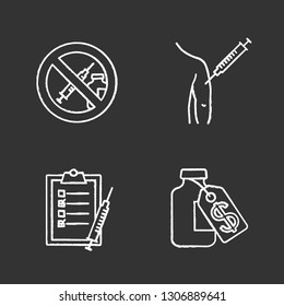 Vaccination and immunization chalk icons set. Drugs prohibition, injection in arm, vaccination list, vaccine price. BCG, hepatitis, diphtheria immunization. Isolated vector chalkboard illustrations