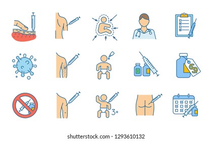 Vaccination and immunization color icons set. Vaccines for kids, adults. Tetanus, flu, hepatitis, measles diseases prevention. Viral and bacterial infections tolerance. Isolated vector illustrations