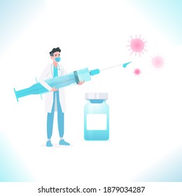 Vaccination and immunization concept. Doctor wearing medical mask holding medical syringe with vaccine against virus germs. Fighting against disease, vector illustration