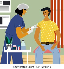 Vaccination and immunization concept. Man make a flu vaccine injection.  Doctor with syringe and gloves vaccinating a man at the medical laboratory. Flat trendy vector illustration.